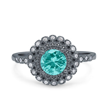 Halo Art Deco Wedding Ring Round Black Tone, Simulated Paraiba Tourmaline CZ 925 Sterling Silver